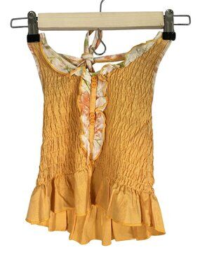 Colorful Crinkle Floral Smock Tank Top Orange 6 Retro Summer Beach Cottage 80s